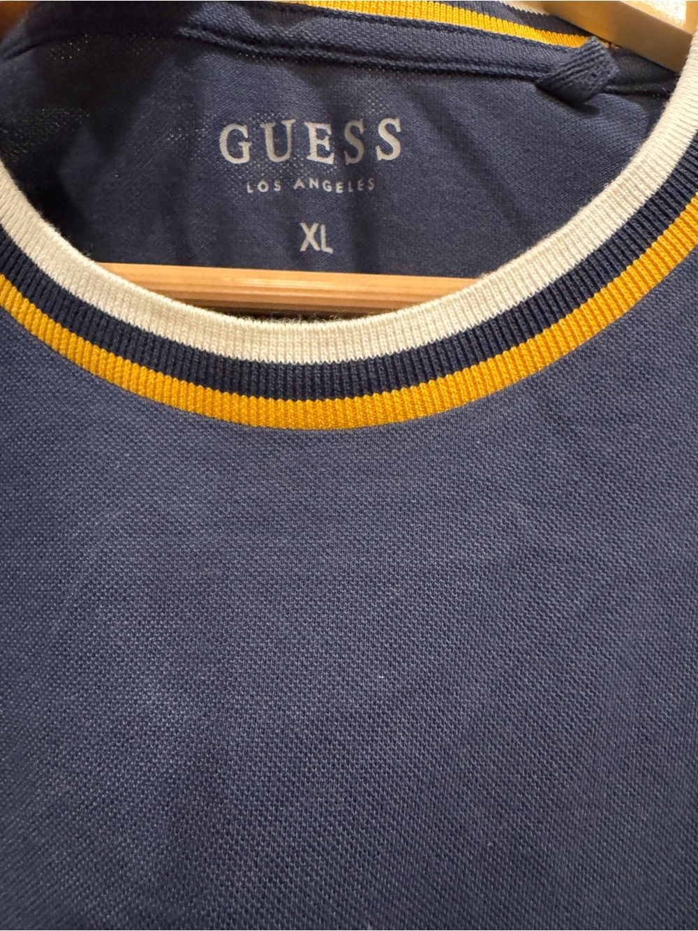 GUESS Men's Navy Logo Tee with Yellow Trim Retro Throwback - Picture 3 of 9